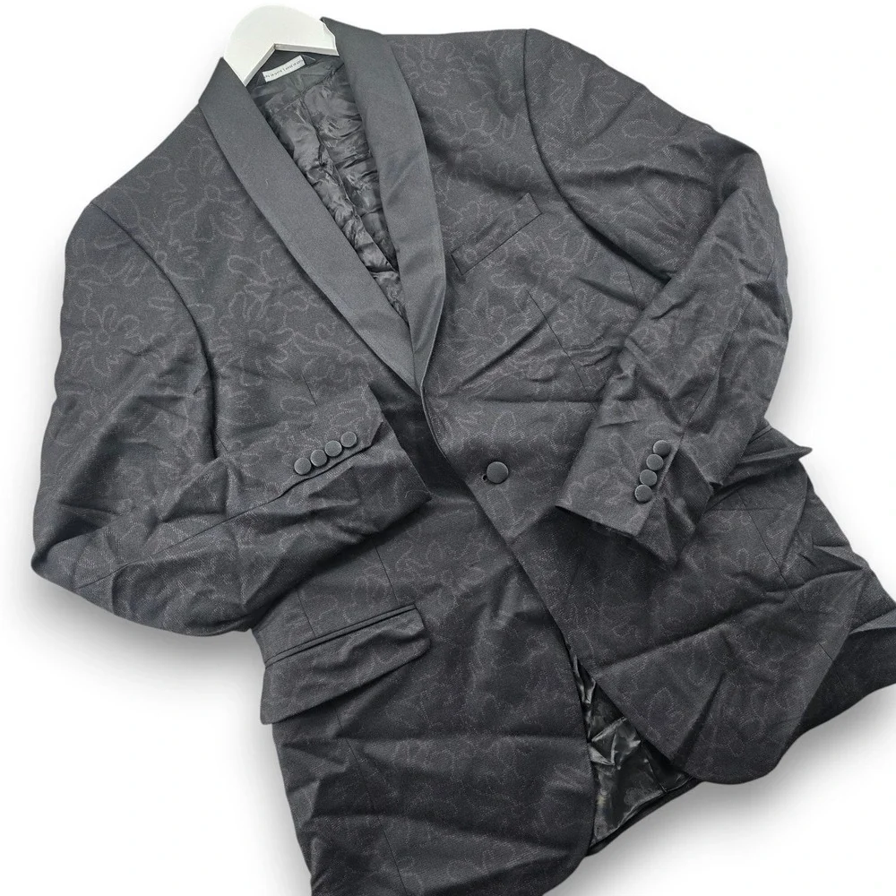 Ted Baker Josh Tuxedo Jacket Mens 42L Black Floral Jacquard Wool Cashmere Italy